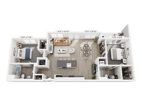 The Strata floor plan at Contrast OTR in Cincinnati’s Over-the-Rhine is a modern two-bedroom, two-bath apartment with open living, a large island kitchen, and in-unit laundry—ideal for luxury urban living near TQL Stadium and downtown Cincinnati